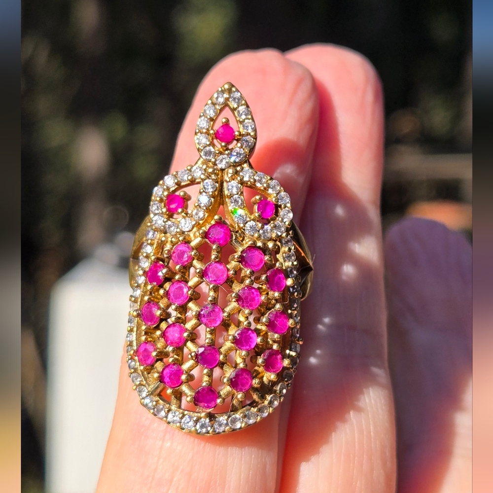 Ruby & Topaz Sterling & Gold Turkush Style Cocktail Ring Sz8.5 - Picture 6 of 8